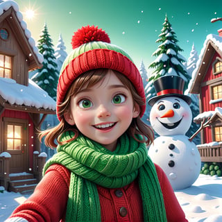 masterpiece artwork, best quality,  

Cartoon Illustration, 
a cute girl named Lily, wearing a red knitted hat and a green scarf, eyes glittering, laughing, taking a selfie in front of a snowman, close up, winter morning, snowing, wooden house,

8k, octane render, natural lighting, hyperrealistic, 
3d cartoon, extremely detailed, dynamic angle, 
magic, surreal, fantasy, digital art, UHD, cinematic perfect light,