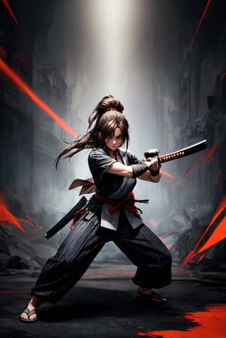 {[(8K quality image), (full body), (ultra quality image), (ultra detailed image), (perfect body), (super detailed)]}, 
Woman samurai, long black hair, reddish brown eyes, defined body, combat stance, serious face, psychedelic setting, sexy woman, xogun age