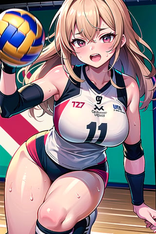 unity 8k wallpaper, anatomically correct,  (((masterpiece))), (((best quality))), (((ultra detailed))), (((high-resolution))), ((super fine illustration)), ((Ultimate cutie)), ((detailed beautiful face)), ((perfect hands)), perfect finger, (((good anatomy))), Solo, (gyaru), 17 years old, potbelly, (Curvy), medium breasts, thick thighs, solo, one girl, cheerful, volleyball uniforms, ((buruma)), sleeveless, knee pad, elbow pad, 
BREAK, ((Ball high up in the air)), (((Female volleyball player jumping))), 
BREAK, (reaching hand for a ball), (dunk shot), (((sweat))), (((covered in sweat))), in Volleyball Court, in gym