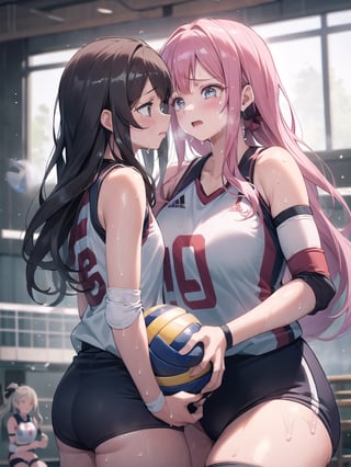 masterpiece, Best Quality, high resolution, ((Ultimate cutie)), Detailed beautiful face, Shiny hair, (gyaru), ((Plump)), (((2girls))), (((2 Female volleyball players))), ((Yuri)), ((frustrated expression)), ((tearfully)),  ((blush)), 
BREAK, ((Holds dirty spherical 6-inch volleyball ball)), BREAK, adidas, (Buruma), (Volleyball uniform), Sleeveless, (Knee pad), (elbow pad), (Bare hands), ((Sweat)), ((Covered in sweat)), (deep breathing), on valleyball court, in gymnasium, Look at viewers, cowboy shot