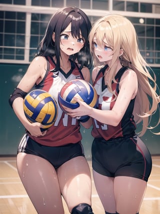 masterpiece, Best Quality, high resolution, ((Ultimate cutie)), Detailed beautiful face, Shiny hair, (gyaru), ((Plump)), (((2girls))), (((2 Female volleyball players))), (Yuri), ((frustrated expression)), ((tearfully)),  ((blush)), 
BREAK, ((Holds dirty spherical 6-inch volleyball ball)), BREAK, adidas, (Buruma), (Volleyball uniform), Sleeveless, (Knee pad), (elbow pad), (Bare hands), ((Sweat)), ((Covered in sweat)), (deep breathing), on valleyball court, in gymnasium, Look at viewers, cowboy shot