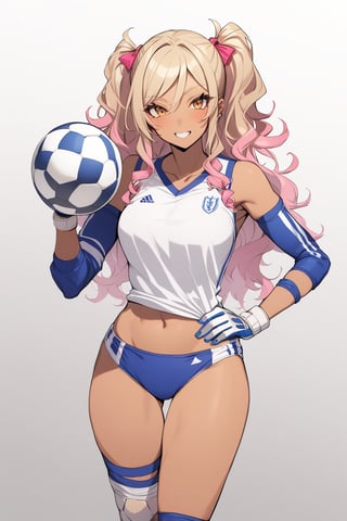 ⚽️、1girl, gyaru, goalkeeper, buruma, gloves, knee supporter, elbow supporter, holding soccer ball, cowboy shot, perfect anatomy 