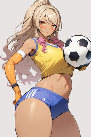 ⚽️、1girl, gyaru, goalkeeper, buruma, gloves, knee supporter, elbow supporter, holding soccer ball, cowboy shot, perfect anatomy 