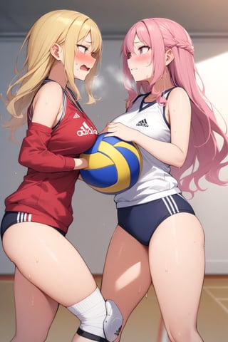 masterpiece, Best Quality, anatomically correct, high resolution, Ultimate cutie, Shiny hair, ((gyaru)), 17 years old, medium breasts, curvy, (potbelly), (Thick thighs), (2 girls), (2 Female volleyball players), ((yuri)), ((sad)), embarrassed expression, ((blush)), 
BREAK, (Holding dirty spherical 6-inch volleyball ball), 
BREAK, adidas, ((buruma)), (Volleyball uniform), Sleeveless, (Knee pad), (elbow sleeve), (Bare hands), ((Sweat)), ((Covered in sweat)), deep breathing, on valleyball court, in gymnasium, eye contact, cowboy shot