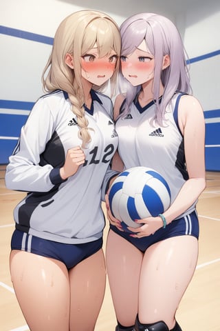 masterpiece, Best Quality, anatomically correct, high resolution, Ultimate cutie, Shiny hair, ((gyaru)), 17 years old, medium breasts, curvy, plump, (Thick thighs), (2 girls), (2 Female volleyball players), ((yuri)), ((sad)), tearfully, ((blush)), 
BREAK, (Holding dirty spherical 6-inch volleyball ball), 
BREAK, adidas, ((buruma)), (Volleyball uniform), Sleeveless, (Knee pad), (elbow sleeve), (Bare hands), ((Sweat)), ((Covered in sweat)), deep breathing, on valleyball court, in gymnasium, eye contact, cowboy shot