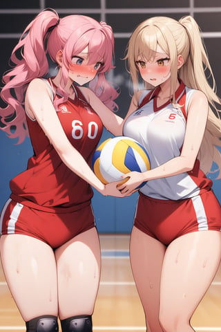 masterpiece, Best Quality, anatomically correct, high resolution, Ultimate cutie, Shiny hair, ((gyaru)), 17 years old, medium breasts, curvy, plump, (Thick thighs), (2 girls), (2 Female volleyball players), ((yuri)), ((sad)), tearfully, ((blush)), 
BREAK, (Holding dirty spherical 6-inch volleyball ball), 
BREAK, ((red buruma)), (Volleyball uniform), Sleeveless, (Knee pad), (elbow sleeve), (Bare hands), ((Sweat)), ((Covered in sweat)), deep breathing, on valleyball court, in gymnasium, eye contact, cowboy shot