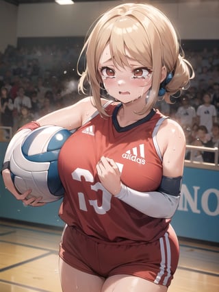 masterpiece, Best Quality, high resolution, ((Ultimate cutie)), Detailed beautiful face, Shiny hair, (gyaru), ((Plump)), (((soro))), (Female volleyball players), (Yuri)), (((frustrated expression))), ((tearfully)), ((blush)), 
BREAK, ((Holding a dirty spherical 6-inch volleyball ball)), BREAK, adidas, (Buruma), (Volleyball uniform), Sleeveless, (Knee pad), (elbow pad), (Bare hands), ((Sweat)), ((Covered in sweat)), (deep breathing), on valleyball court, in gymnasium, cowboy shot