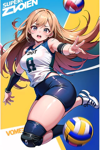 unity 8k wallpaper, anatomically correct,  (((masterpiece))), (((best quality))), (((ultra detailed))), (((high-resolution))), ((super fine illustration)), ((Ultimate cutie)), ((detailed beautiful face)), ((perfect hands)), perfect finger, (((good anatomy))), Solo, (gyaru), 17 years old, potbelly, (Curvy), medium breasts, thick thighs, solo, one girl, cheerful, volleyball uniforms, ((buruma)), sleeveless, knee pad, elbow pad, 
BREAK, ((Ball high up in the air)), (((Female volleyball player jumping))), 
BREAK, (reaching hand for a ball), (dunk shot), sweat, in volleyball court