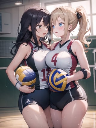 masterpiece, Best Quality, high resolution, ((Ultimate cutie)), Detailed beautiful face, Shiny hair, (gyaru), ((Plump)), (((2girls))), (((2 Female volleyball players))), (Yuri)), ((frustrated expression)), ((tearfully)),  ((blush)), 
BREAK, ((Holding a dirty spherical 6-inch volleyball ball)), BREAK, adidas, (Buruma), (Volleyball uniform), Sleeveless, (Knee pad), (elbow pad), (Bare hands), ((Sweat)), ((Covered in sweat)), (deep breathing), on valleyball court, in gymnasium, Look at viewers, cowboy shot