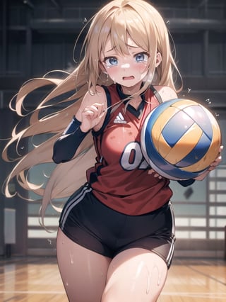 masterpiece, Best Quality, high resolution, ((Ultimate cutie)), Detailed beautiful face, Shiny hair, (gyaru), (Plump), (((soro))), (Female volleyball players), (Yuri)), (((frustrated expression))), ((tearfully)), ((blush)), 
BREAK, ((Holding a dirty spherical 6-inch volleyball ball)), BREAK, adidas, (Buruma), (Volleyball uniform), Sleeveless, (Knee pad), (elbow pad), (Bare hands), ((Sweat)), ((Covered in sweat)), (deep breathing), on valleyball court, in gymnasium, cowboy shot