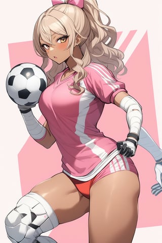 ⚽️、1girl, gyaru, goalkeeper, buruma, gloves, knee supporter, elbow supporter, holding soccer ball, cowboy shot, perfect anatomy 