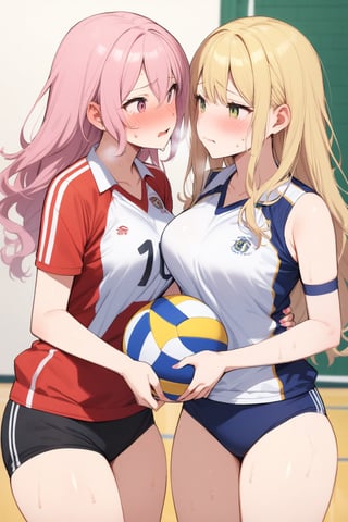 masterpiece, Best Quality, anatomically correct, high resolution, Ultimate cutie, Shiny hair, ((gyaru)), 17 years old, medium breasts, curvy, plump, (Thick thighs), (2 girls), (2 Female volleyball players), ((yuri)), ((sad)), tearfully, ((blush)), 
BREAK, (Holding dirty spherical 6-inch volleyball ball), 
BREAK, ((buruma)), (Volleyball uniform), Sleeveless, (Knee pad), (elbow sleeve), (Bare hands), ((Sweat)), ((Covered in sweat)), deep breathing, on valleyball court, in gymnasium, eye contact, cowboy shot