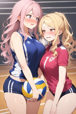 masterpiece, Best Quality, anatomically correct, high resolution, Ultimate cutie, Shiny hair, ((gyaru)), 17 years old, medium breasts, curvy, plump, (Thick thighs), (2 girls), (2 Female volleyball players), ((yuri)), ((sad)), tearfully, ((blush)), 
BREAK, (Holding dirty spherical 6-inch volleyball ball), 
BREAK, ((buruma)), (Volleyball uniform), Sleeveless, (Knee pad), (elbow sleeve), (Bare hands), ((Sweat)), ((Covered in sweat)), deep breathing, on valleyball court, in gymnasium, eye contact, cowboy shot