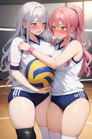 masterpiece, Best Quality, anatomically correct, high resolution, Ultimate cutie, Shiny hair, ((gyaru)), 17 years old, medium breasts, curvy, plump, (Thick thighs), (2 girls), (2 Female volleyball players), ((yuri)), ((sad)), tearfully, ((blush)), 
BREAK, (Holding dirty spherical 6-inch volleyball ball), 
BREAK, ((buruma)), (Volleyball uniform), Sleeveless, (Knee pad), (elbow sleeve), (Bare hands), ((Sweat)), ((Covered in sweat)), deep breathing, on valleyball court, in gymnasium, eye contact, cowboy shot