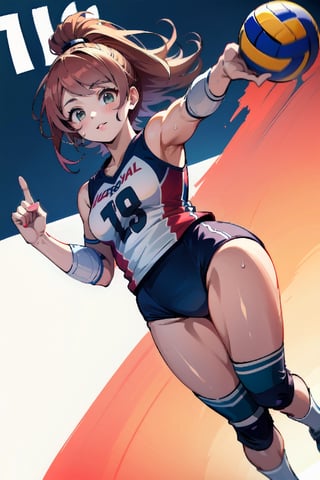 unity 8k wallpaper, anatomically correct,  (((masterpiece))), (((best quality))), (((ultra detailed))), (((high-resolution))), ((super fine illustration)), ((Ultimate cutie)), ((detailed beautiful face)), ((perfect hands)), perfect finger, (((good anatomy))), Solo, (gyaru), 17 years old, potbelly, (Curvy), medium breasts, thick thighs, solo, one girl, cheerful, volleyball uniforms, ((buruma)), sleeveless, knee pad, elbow pad, 
BREAK, ((Ball high up in the air)), (((Female volleyball player jumping))), (reaching hand for a ball), dunk shot, sweat, in volleyball court, looking down 