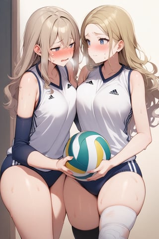 masterpiece, Best Quality, anatomically correct, high resolution, Ultimate cutie, Shiny hair, ((gyaru)), 17 years old, medium breasts, curvy, plump, (Thick thighs), (2 girls), (2 Female volleyball players), ((yuri)), ((sad)), tearfully, ((blush)), 
BREAK, (Holding dirty spherical 6-inch volleyball ball), 
BREAK, adidas, ((buruma)), (Volleyball uniform), Sleeveless, (Knee pad), (elbow sleeve), (Bare hands), ((Sweat)), ((Covered in sweat)), deep breathing, on valleyball court, in gymnasium, eye contact, cowboy shot