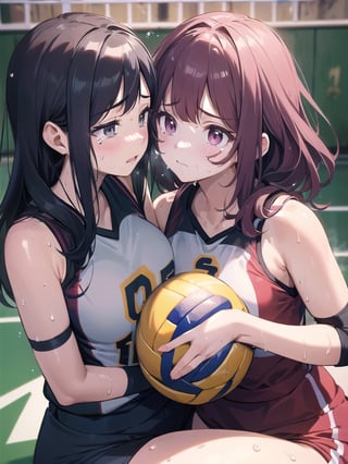 (((masterpiece))), (((Best Quality))), (((ultra-detail art))), (((high resolution))), ((superfine illustration)), ((Ultimate cutie)), Detailed beautiful face, Shiny hair, (gals), ((Plump)), (((2girls))), (((2 Female volleyball players))), ((Yuri)), ((sad)), Tears, ((blush)), 
BREAK, ((Holds dirty spherical 6-inch volleyball ball)), BREAK, (((Buruma))), (Volleyball uniform), Sleeveless Volleyball Uniforms, (((Buruma))), (Knee pad), (elbow pad), (Bare hands), ((Sweat)), ((Covered in sweat)), (deep breathing), on valleyball court, in gymnasium, Look at viewers, 