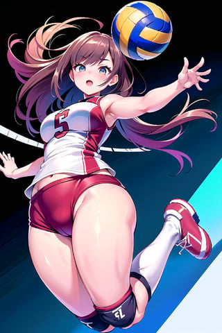 unity 8k wallpaper, anatomically correct,  (((masterpiece))), (((best quality))), (((ultra detailed))), (((high-resolution))), ((super fine illustration)), ((Ultimate cutie)), ((detailed beautiful face)), ((perfect hands)), perfect finger, (((good anatomy))), Solo, (gyaru), 17 years old, potbelly, (Curvy), medium breasts, thick thighs, solo, one girl, cheerful, volleyball uniforms, ((buruma)), sleeveless, knee pad, elbow pad, 
BREAK, ((Ball high up in the air)), (((Female volleyball player jumping))), 
BREAK, (reaching hand for a ball), (dunk shot), sweat, in volleyball court