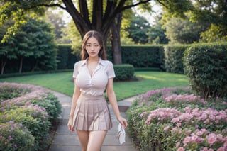 Thai girl 16 years old, Thai junior school uniform, (whirt short sleeve shirt| plain pleated pink skirt),
colorful flowers field as a scene,
Rule of third composition portrait, professional photographer,
Rim light, sunshine days, Giant tree, flim grain:1.2,BreastPit