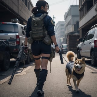 realistic photography, cinematic still, street photography style, a woman wearing a navy seal costume, face to kess Bird eye view shot, walking with a Shiba dog in war, shot gun, broken building, fire, 