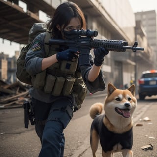 realistic photography, cinematic still, street photography style, a woman wearing a navy seal costume, face to kess Bird eye view shot, walking with a Shiba dog in war, shot gun, broken building, fire, 