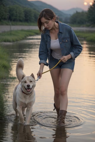 1women,Come and crouch playing water in river with a big dog, evening light,