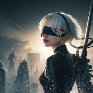 n_2b, white hair, realistic photography, action,white background,ink,(black blindfold:1.3),Ultra-detail,(highres:1.1),best quality,(masterpiece:1.3),cinematic lighting,Cyberpunk VR ,Cyberpunk,C7b3rp0nkStyle,Cyber_Egypt,pureerosface_v1