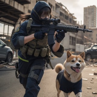 realistic photography, cinematic still, street photography style, a woman wearing a navy seal costume, face to kess Bird eye view shot, walking with a Shiba dog in war, shot gun, broken building, fire, 