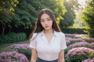 Thai girl 16 years old, Thai junior school uniform, (whirt short sleeve shirt| plain pleated pink skirt),
colorful flowers field as a scene,
Rule of third composition portrait, professional photographer,
Rim light, sunshine days, Giant tree, flim grain:1.2