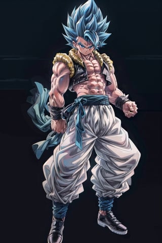 Gogeta blue, 1boy, spiky hair, blue eyes, blue hair, blue eyebrows, muscular male, solo,(best quality,High detailed, blue aura, full body,