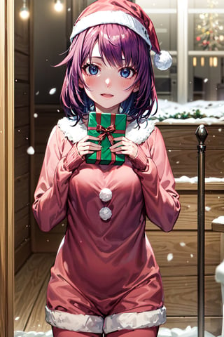 1girl,  solo, blushig, xmas_costume, crhistmas, snowing, holding_christmas_present, looking_at_viewer, hitagisenjougahara