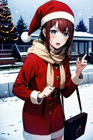 1girl,  solo, blushig, xmas_costume, crhistmas, snowing, looking_at_viewer,makise