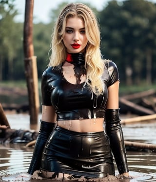 masterpiece, best quality, photorealistic, unedited photo, 25 year old girl, detailed skin,full_body, Masterpiece, long hair, wet clothes, red lipstick, full fit body, wet hair, soakingwetclothes, mud covered, muddy, covered in mud, blonde hair, long leather skirt, leather skirt, blonde woman