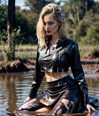 masterpiece, best quality, photorealistic, unedited photo, 25 year old girl, detailed skin,full_body, Masterpiece, long hair, wet clothes, red lipstick, full fit body, wet hair, soakingwetclothes, mud covered, muddy, lying in mud, covered in mud, blonde hair, long leather skirt, leather skirt, blonde woman