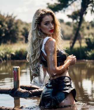 masterpiece, best quality, photorealistic, unedited photo, 25 year old girl, detailed skin,full_body, Masterpiece, long hair, wet clothes, red lipstick, full fit body, wet hair, soakingwetclothes, mud covered, muddy, covered in mud, blonde hair, long leather skirt, leather skirt, blonde woman