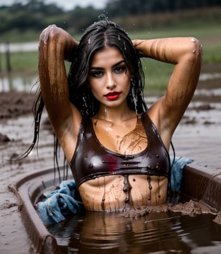 masterpiece, best quality, photorealistic, unedited photo, 25 year old latino girl, detailed skin,full_body, Masterpiece, long hair, wet clothes, red lipstick, full fit body, wet hair, wetlook pants, soakingwetclothes, satin top, mud covered, muddy, lying in mud