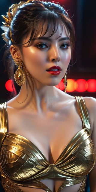 Ultra detailed complex 3d rendering of a beautiful cleopatra, messy hair,, 150mm lens, beautiful soft natural light,wet_clothes, wear cleopatra suit, colorful details, samourai, gold, cleopatra woman,earring pearl, piercing, intricate details, wire mesh anatomical, facial muscles, badass, hyper realistic, ultra detailed, octane rendering, volumetric lighting, 8k post production , iridescent colors, black room, power of god, high angle shot, complex body poses,more detail XL,((big_boobs)),big_tits,red_eyes,red lips,in dark laboratory,frontview,b3rli,cinematic_grain_of_film,xeesoxee