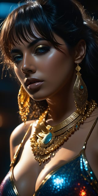 Ultra detailed complex 3d rendering of a beautiful cleopatra, messy hair,, 150mm lens, beautiful soft natural light,wet_clothes, wear cleopatra suit, colorful details, samourai, gold, cleopatra woman,earring pearl, piercing, intricate details, wire mesh anatomical, facial muscles, badass, hyper realistic, ultra detailed, octane rendering, volumetric lighting, 8k post production , iridescent colors, black room, power of god, high angle shot, complex body poses,more detail XL,((big_boobs)),big_tits,red_eyes,red lips,in dark laboratory,frontview,b3rli,cinematic_grain_of_film