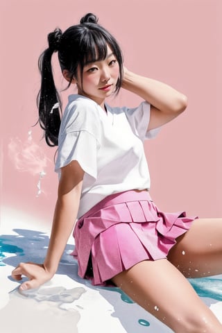 Highly real photo detailed japanese lady, black hair pigtails hair style, beautiful, ((wearing light pink short skirt)), siting w-sit posed, white backgroud, pink pink color paint splash on him, white Flat vector art background,VPL