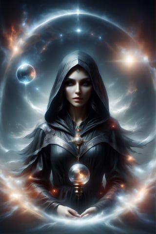 A sorceress in black , in hooded robes, doing alchemy, saturn alchemy and occult symbols, photo r3al,DonMB4nsh33XL ,ghost person,saturn