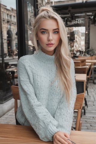 Height 181, light blue eye color, white skin color, wide eyebrow, blonde hair color, ponytail hair, round and elongated pink, medium boobs, hourglass waist, slavic beauty, wearing white sweater،  At the cafe, a wooden table, sitting on a chair, white match top, chocolate and coffee mug on the table, red rose on the table, portrait photo, camera from the front, girl looking at the cobblestone street next to her