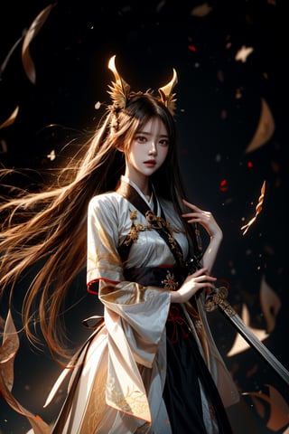 muelsyse (arknights),1girl, solo,hanfu,chinese clothes,splatter background, holding sword, best quality, amazing quality, very aesthetic, absurdres