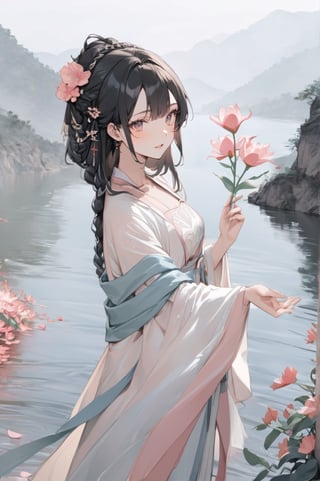 1 Chinese woman, 30 yo,with long black hair (braid), a pink lily in her hair, wearing a blue flat mouth, white translucent Hanfu, holding a branch with red peach blossoms in her hand, posing like a battle, the background is on the bank of the river in the south of the Yangtze River，4k, elegant, no expression