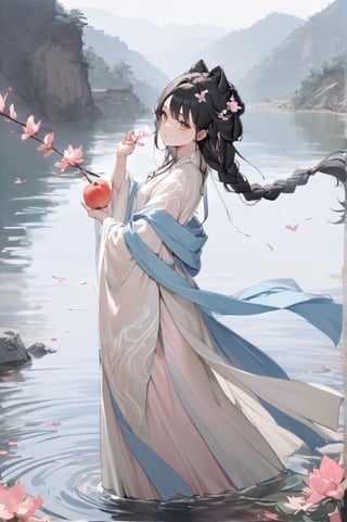 1 Chinese woman, 30 yo,with long black hair (braid), a pink lily in her hair, wearing a blue flat mouth, white translucent Hanfu, holding a branch with red peach blossoms in her hand, posing like a battle, the background is on the bank of the river in the south of the Yangtze River，4k, elegant, no expression