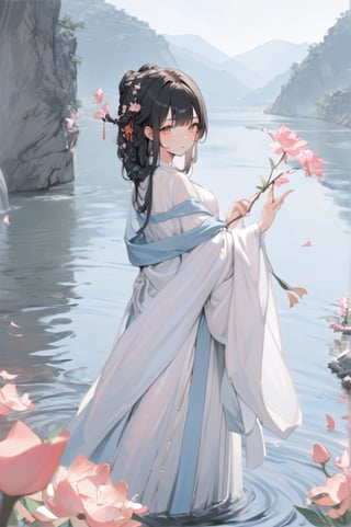 1 Chinese woman, 30 yo,with long black hair (braid), a pink lily in her hair, wearing a blue flat mouth, white translucent Hanfu, holding a branch with red peach blossoms in her hand, posing like a battle, the background is on the bank of the river in the south of the Yangtze River，4k, elegant, no expression