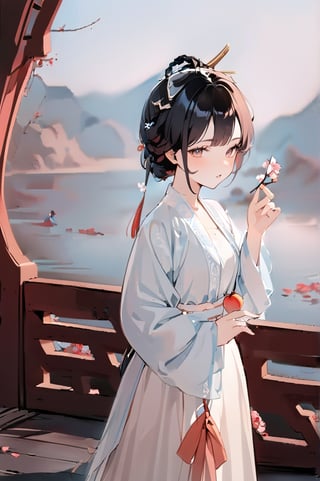 1 Chinese woman, 30 yo,with long black hair (braid), a pink lily in her hair, wearing a blue flat mouth, white translucent Hanfu, holding a branch with red peach blossoms in her hand, posing like a battle, the background is on the bank of the river in the south of the Yangtze River，4k, elegant, no expression