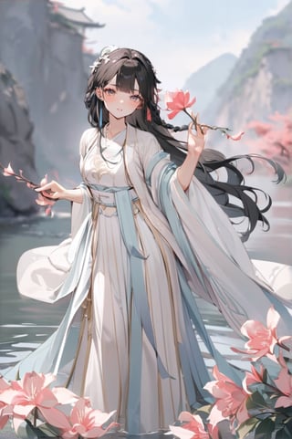 1 Chinese woman, 30 yo,with long black hair (braid), a pink lily in her hair, wearing a blue flat mouth, white translucent Hanfu, holding a branch with red peach blossoms in her hand, posing like a battle, the background is on the bank of the river in the south of the Yangtze River，4k, elegant, no expression