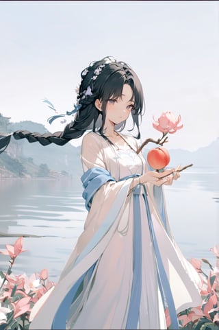 1 Chinese woman, 30 yo,with long black hair (braid), a pink lily in her hair, wearing a blue flat mouth, white translucent Hanfu, holding a branch with red peach blossoms in her hand, posing like a battle, the background is on the bank of the river in the south of the Yangtze River，4k, elegant, no expression