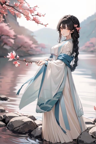 1 Chinese woman, 30 yo,with long black hair (braid), a pink lily in her hair, wearing a blue flat mouth, white translucent Hanfu, holding a branch with red peach blossoms in her hand, posing like a battle, the background is on the bank of the river in the south of the Yangtze River，4k, elegant, no expression