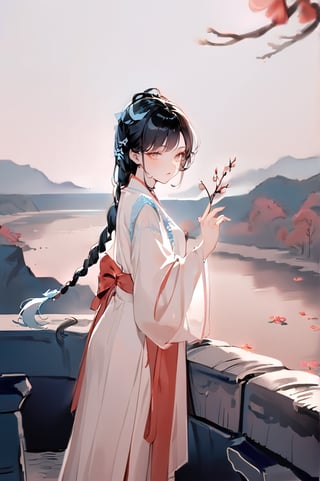 1 Chinese woman, 30 yo,with long black hair (braid), a pink lily in her hair, wearing a blue flat mouth, white translucent Hanfu, holding a branch with red peach blossoms in her hand, posing like a battle, the background is on the bank of the river in the south of the Yangtze River，4k, elegant, no expression